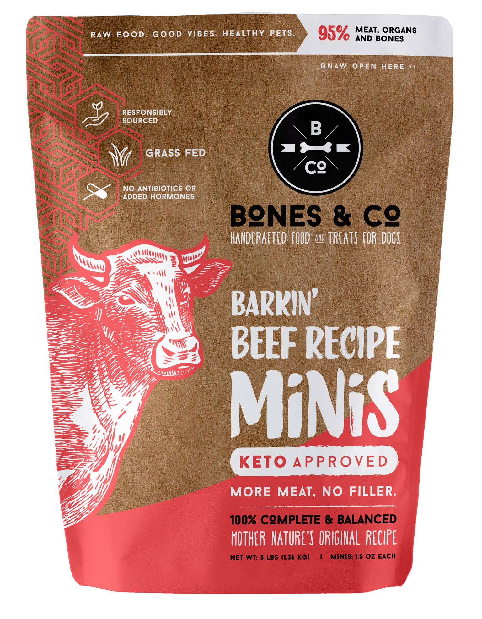 Bones & Co Barkin' Beef Recipe Minis Frozen Dog Food, 3-lb