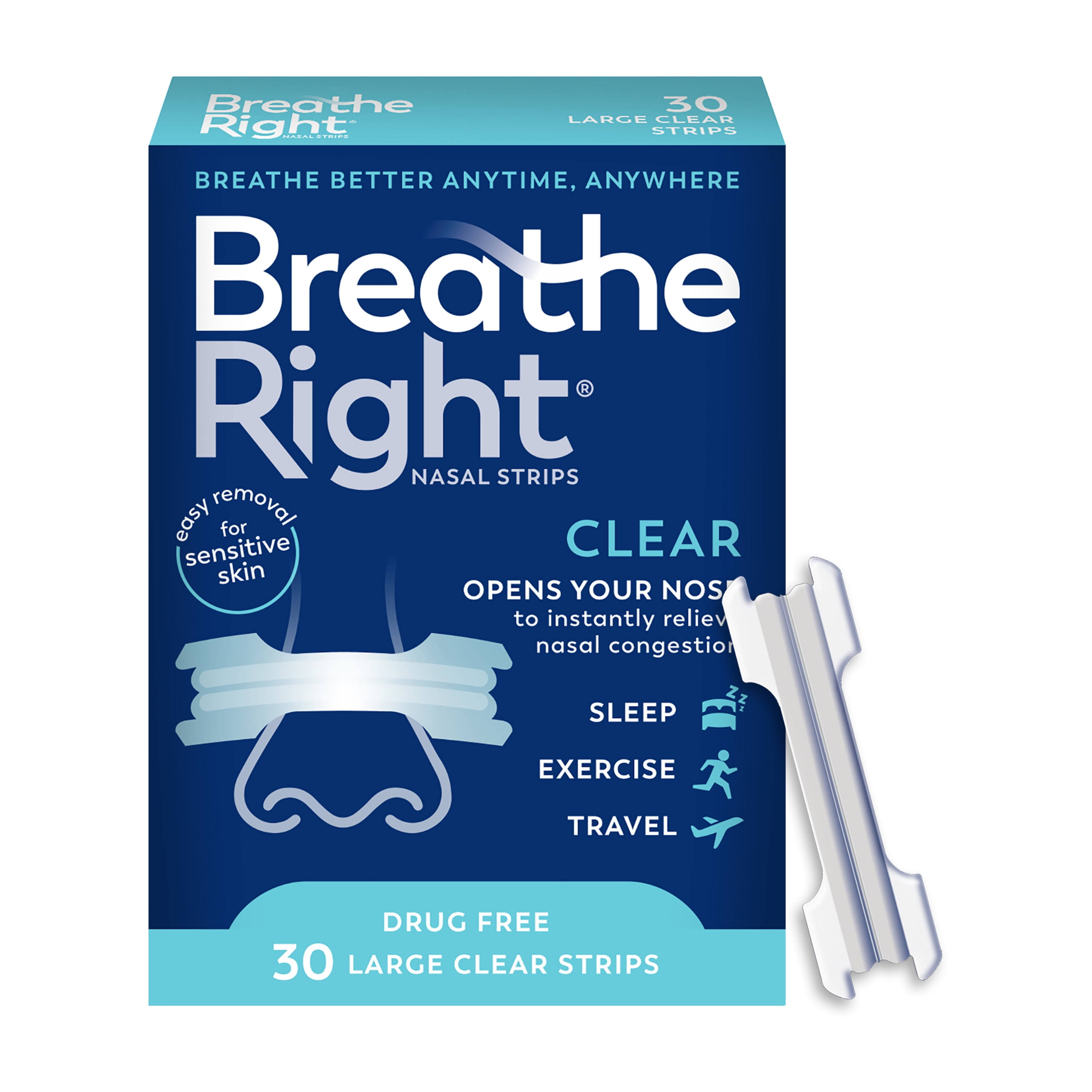 Breathe Right, Nasal Strips, Clear For Sensitive Skin, Large, 30 Clear Strips