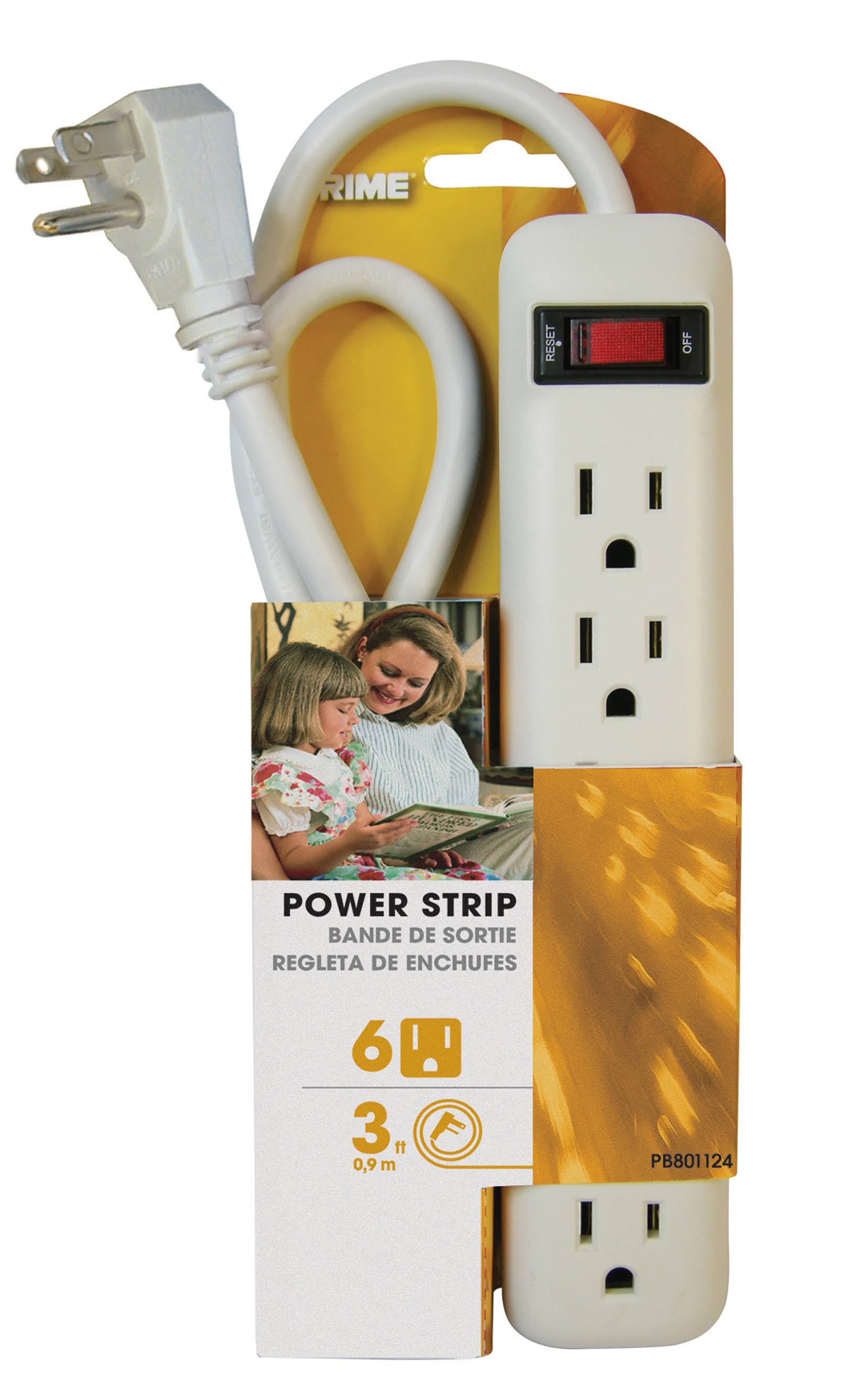 Prime Power Strip Extension Cord - with 3' Cord, White, 6 Outlet