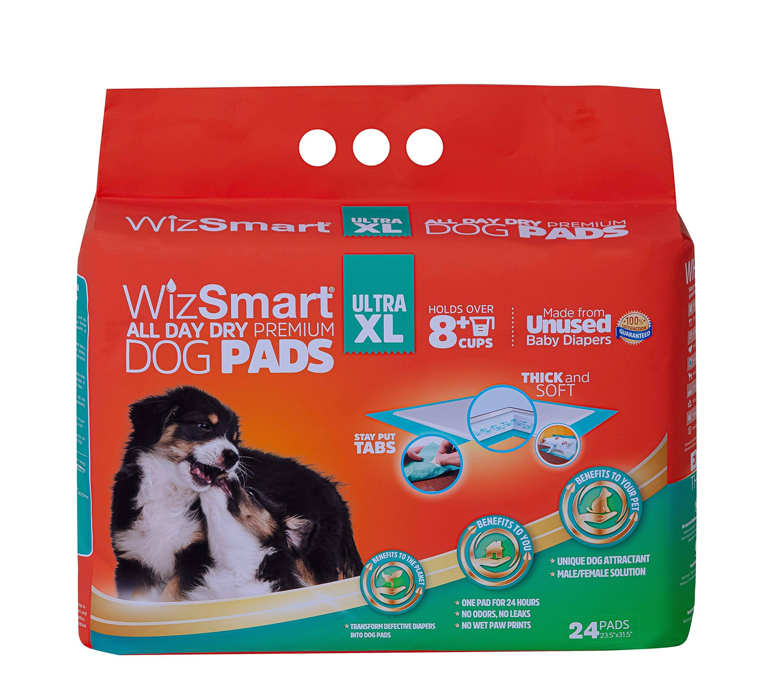 WizSmart All Day Dry Premium Dog and Puppy Training Pads, Made with Recycled Unused Baby Diapers and Eco Friendly Materials (10 Cup Ultra XL, 24 ct)