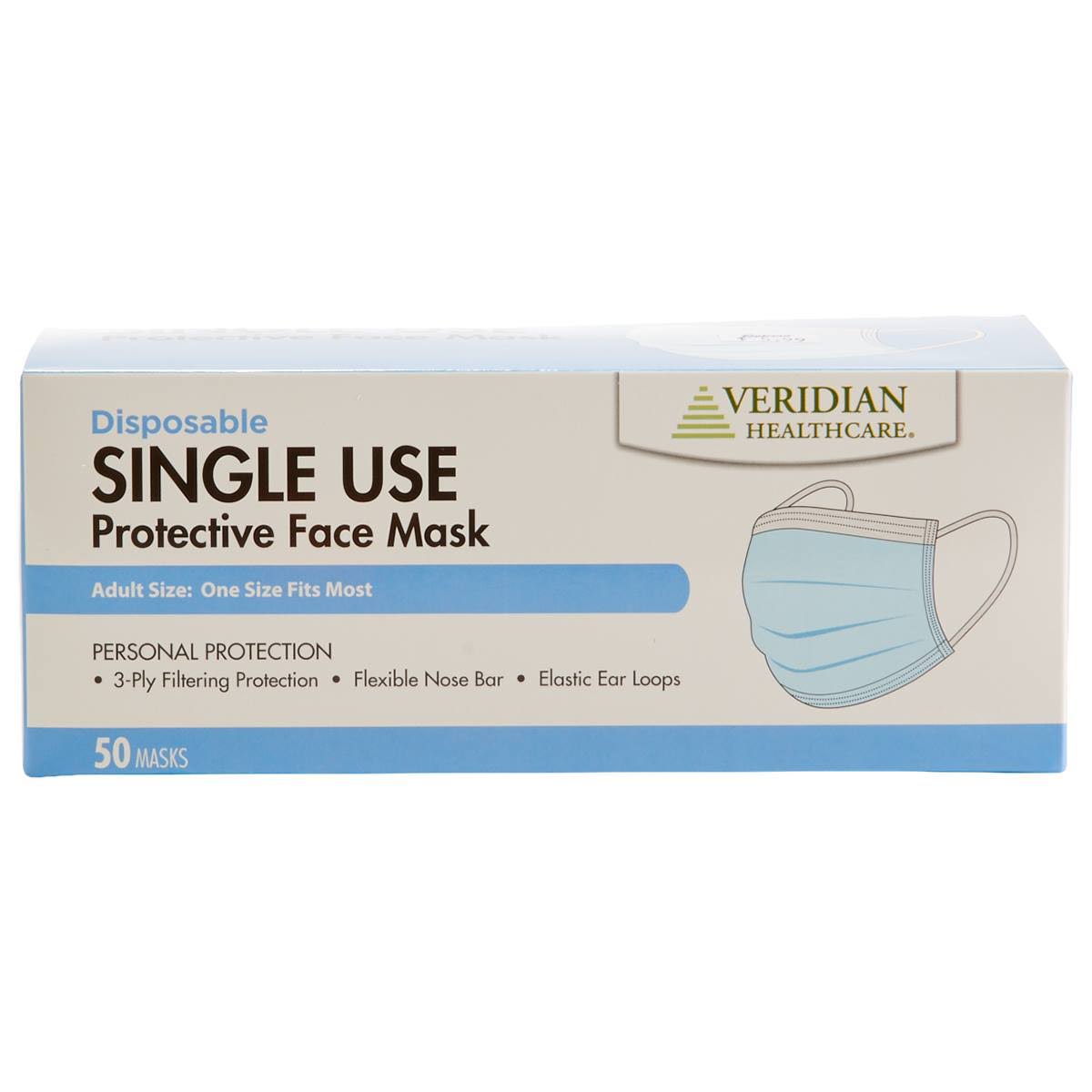 Veridian Face Mask 3 Ply Type 1 Ear Loop 50 ct