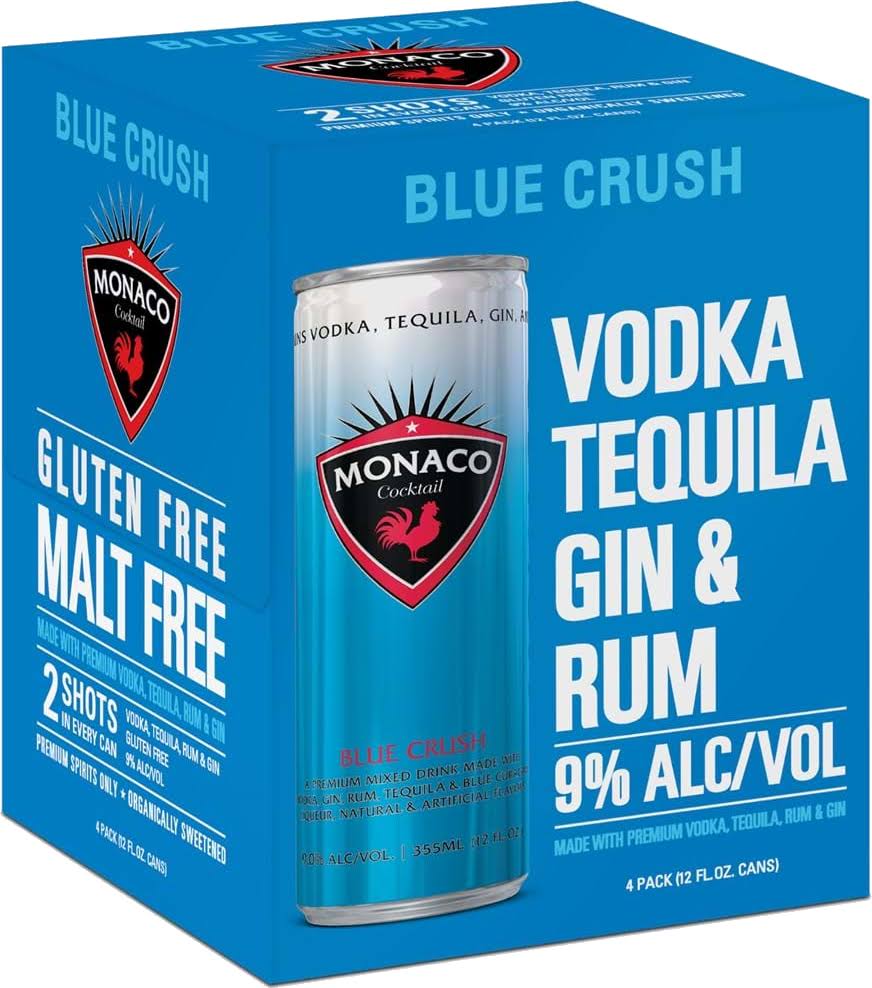 Monaco Vodka Tequila Gin & Rum, Gluten Free, Blue Crush - 4 pack (12 fl oz cans)