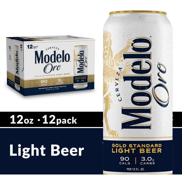Modelo Oro Beer, Light, Gold Standard - 12 pack, 12 fl oz cans