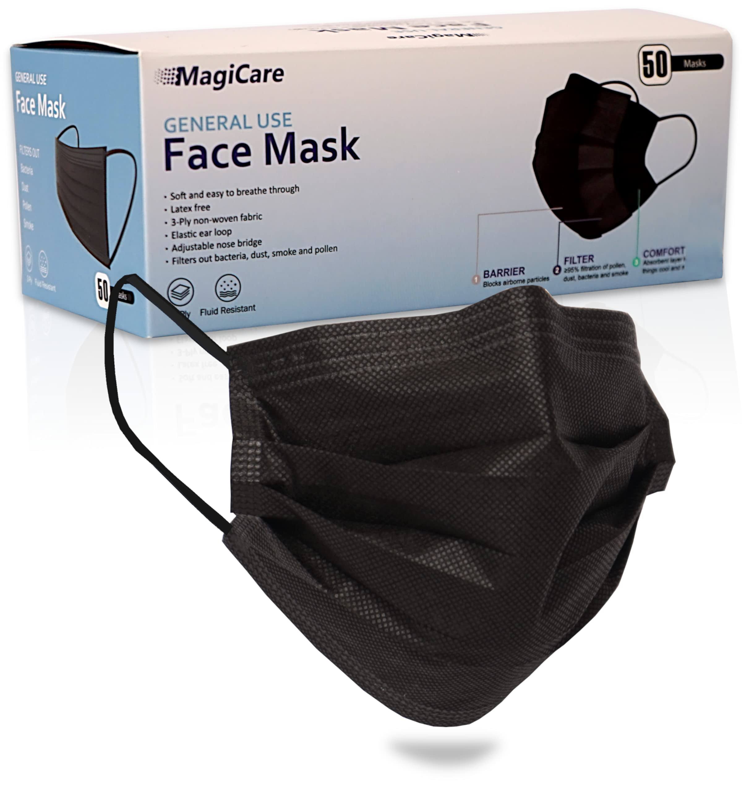MagiCare Black Disposable Face Masks - Comfortable, Breathable, Soft - Premium 3 Ply Face Mask - Black Face Masks (1 Box, 50ct)