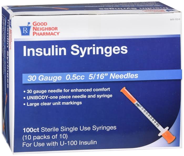 GNP Insulin Syringe 30 Gauge, .5cc, 8mm- 100ct (1-4 Units)