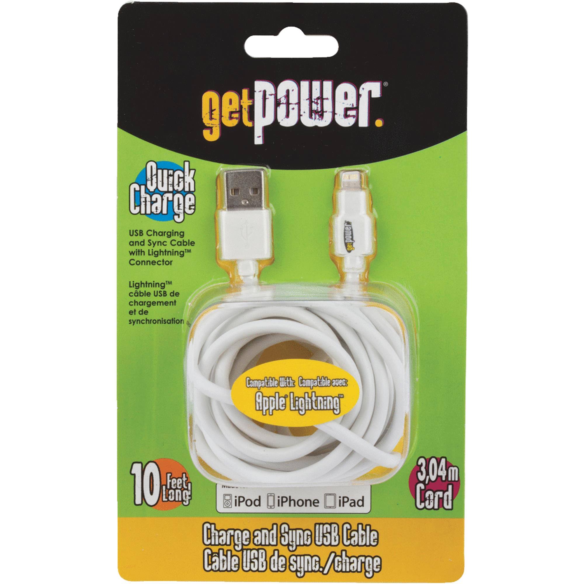 GetPower Extra Long USB Charging and Sync Cord - for Apple Lightning Devices, 10'