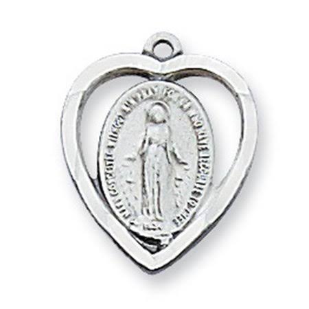 Sterling Silver Miraculous Medal Heart Pendant on 18 inch Chain