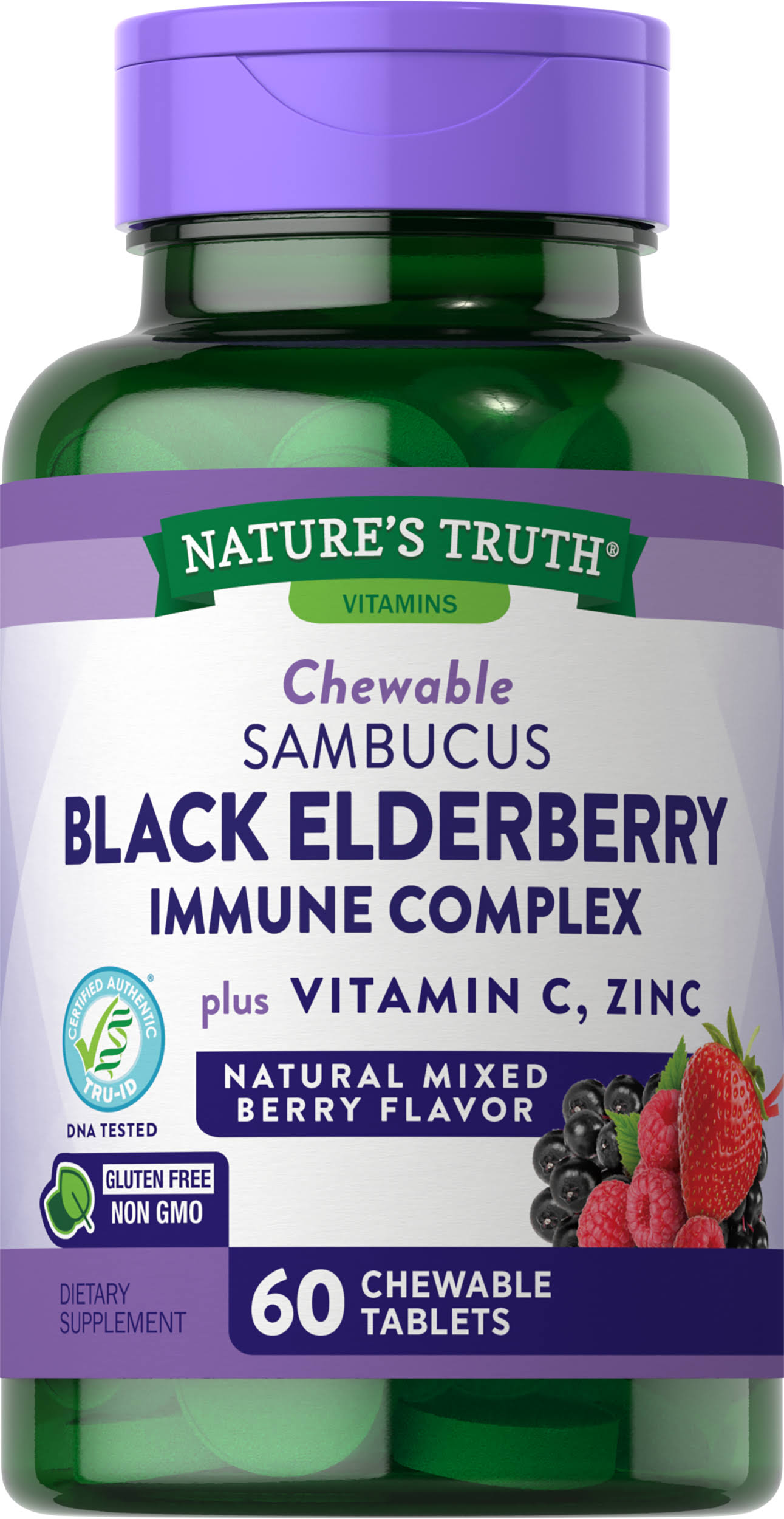 Nature's Truth Sambucus Black Elderberry Immune Complex Plus Vitamin C & Zinc Natural Mixed Berry 60 Chewable Tablets
