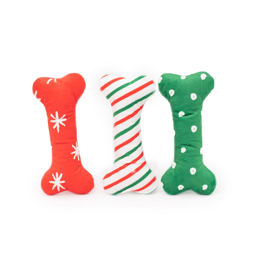 Zippy Paws Plush Squeaker Dog Toy - Christmas Holiday Patterned Bones - Regular 3 Pack