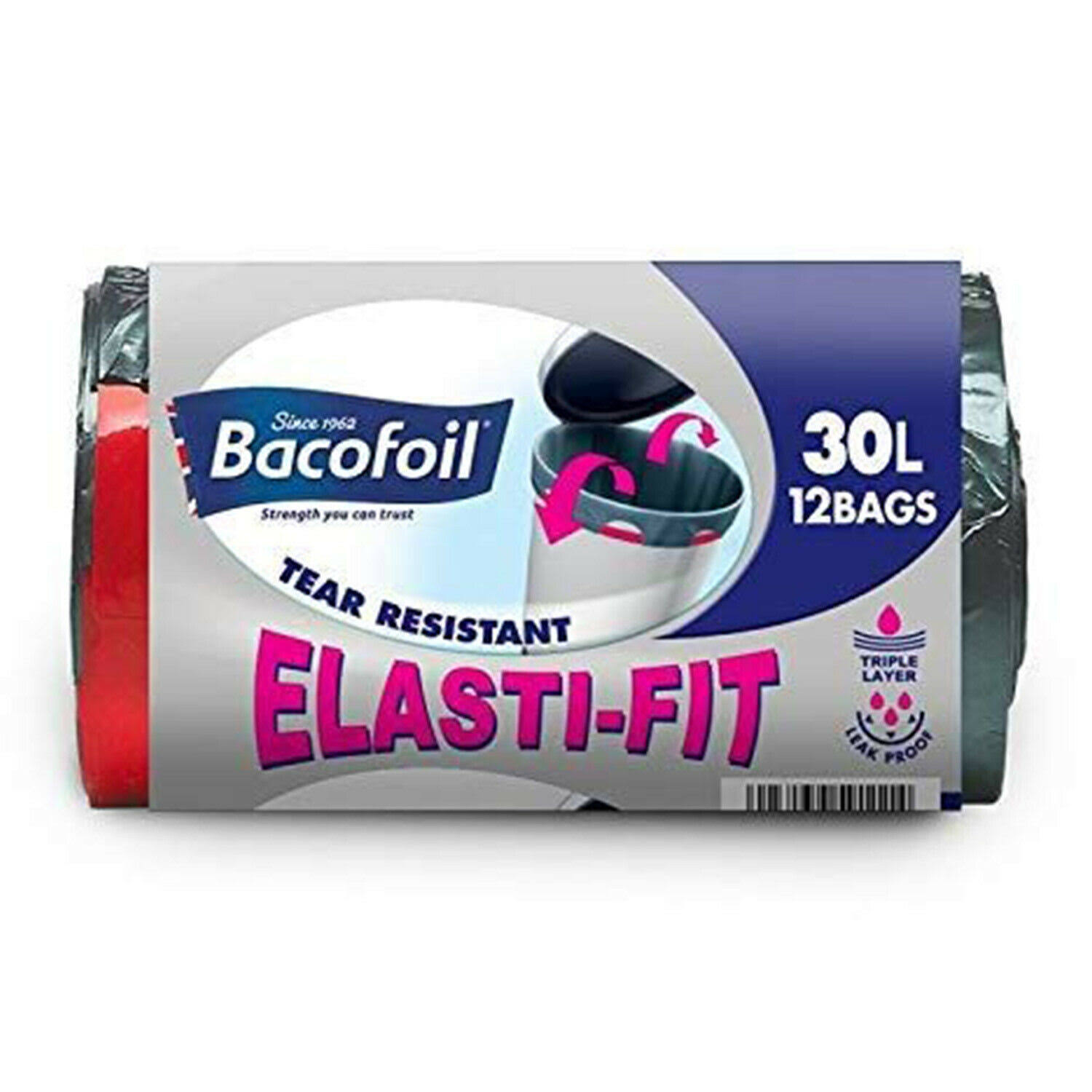 Bacofoil Elasti-Fit Kitchen Bin Liners With Elastic Tie Handles, 30L x 12 Bags