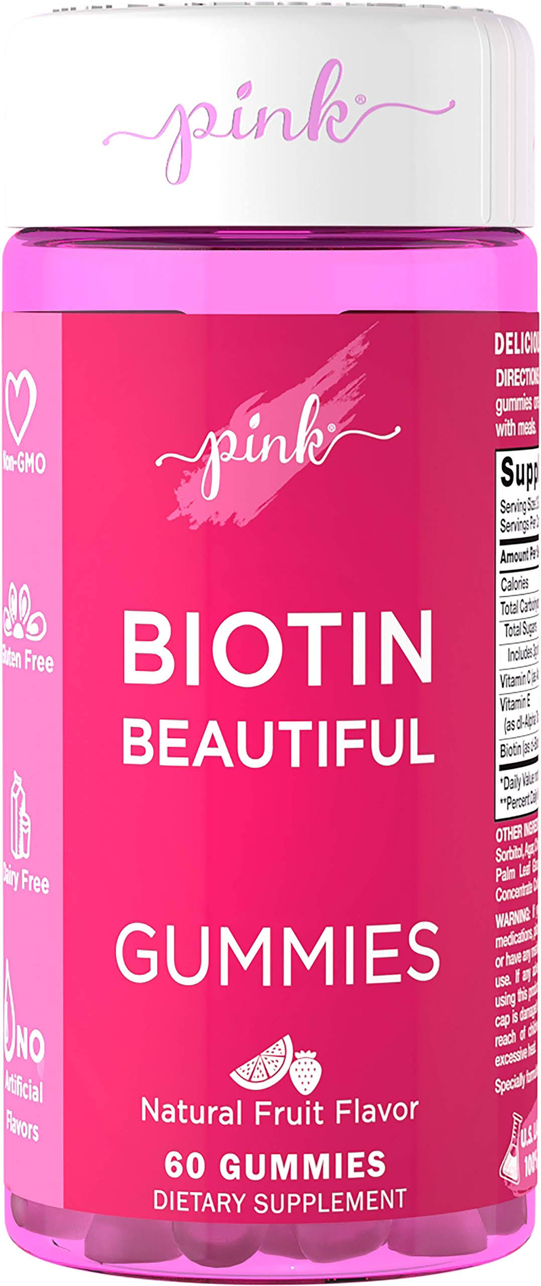 Pink Biotin Beautiful | 60 Fruit Gummies | for Hair, Skin & Nails | Vegan. Pink. Vitamins & Minerals. 840093114068.