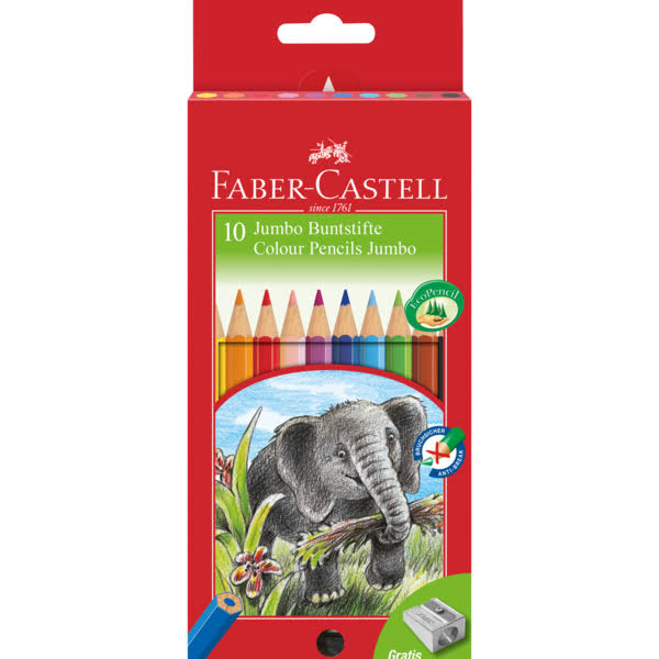 Faber-Castell Jumbo Colouring Pencils & Pencil Sharpener - 10 Pack