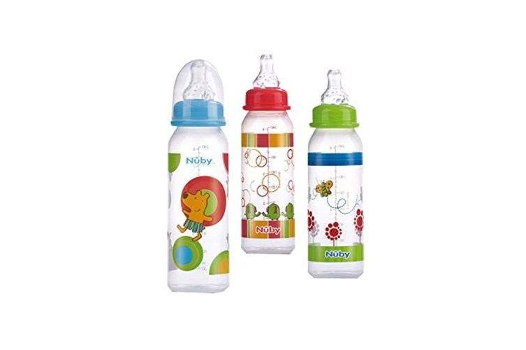 Nuby with Silicone Nipple Clear Printed Bottle - Colors May Vary, 8oz