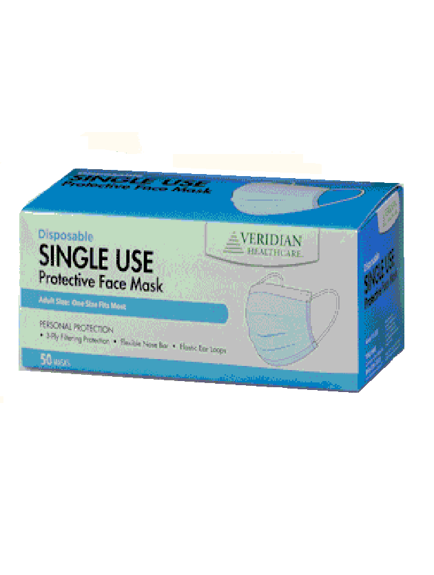 Veridian Face Mask 3 Ply Type 1 Ear Loop 50 Ct