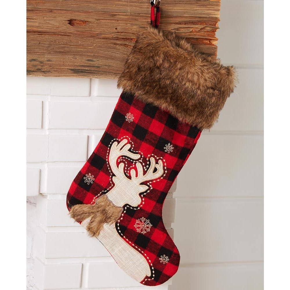 The Lakeside Collection Faux Fur Trimmed Plaid Stockings - Deer