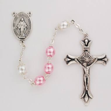 7mm Pink Pearl Rosary with White Capped of Beads