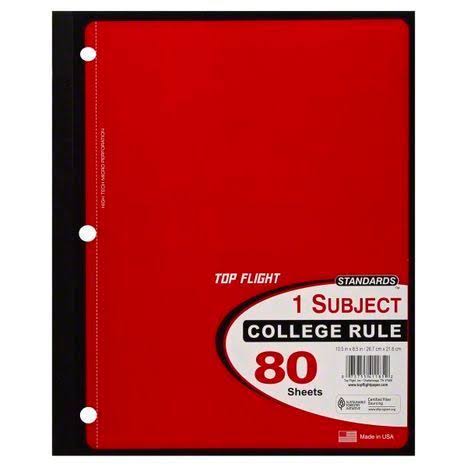 Top Flight Standards 1-Subject Notebook - 80 Sheets, Wide Rule, 10.5in x 8in