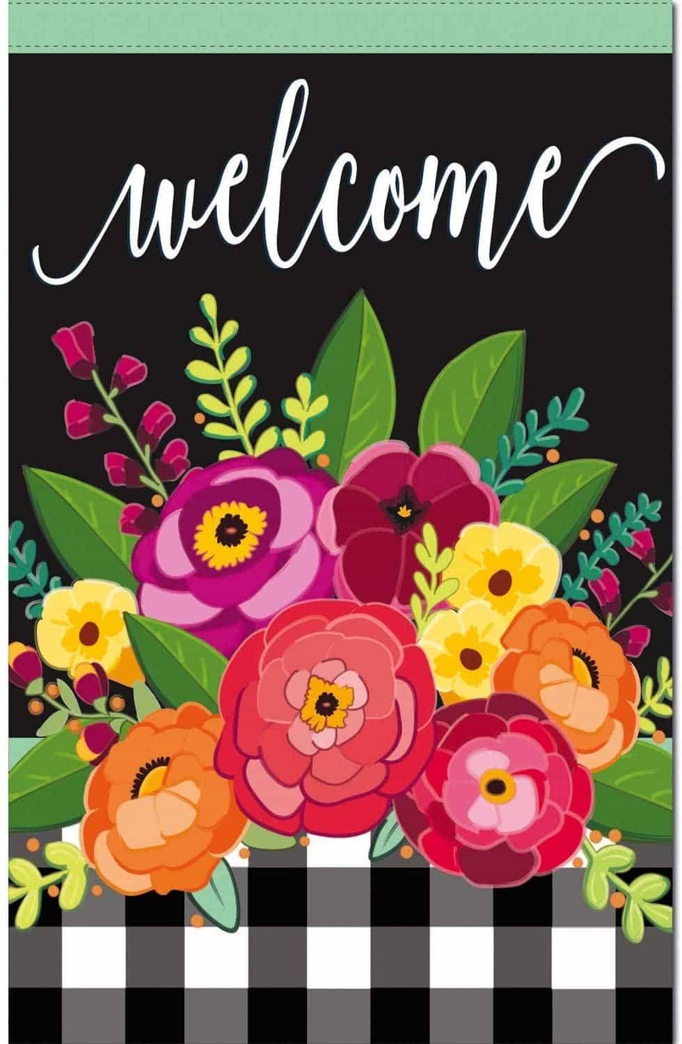 Floral Welcome Check Flag 2 Sided House Banner