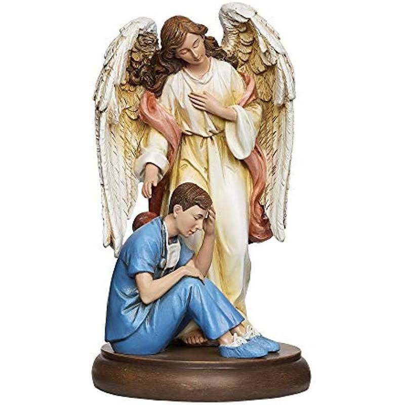 Roman 7.25" White and Blue Guardian Angel with Male Religious Tabletop Figurine