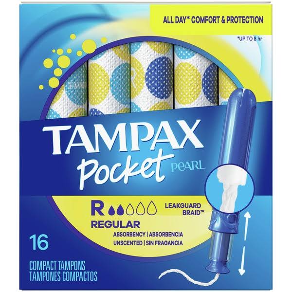 Tampax Pocket Pearl Tampons, Compact, Regular Absorbency, Unscented - 16 tampons
