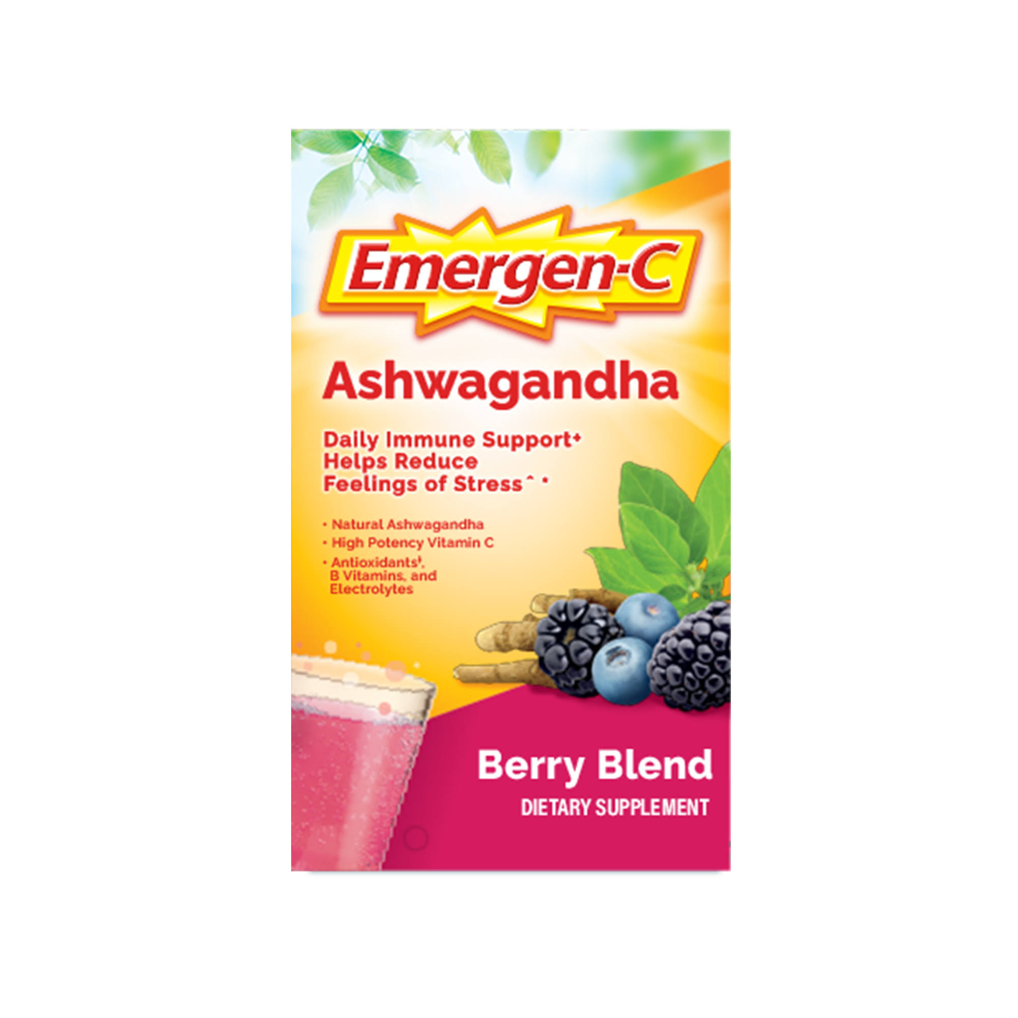 Emergen-C Vitamin C Ashwagandha Drink Mix, Dietary Supplement For Immune Support, Berry Blend - 18 Count