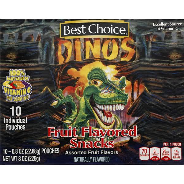 Best Choice Dinos Fruit Flavored Snacks, Assorted Fruit Flavored - 10 pack, 0.8 oz pouches