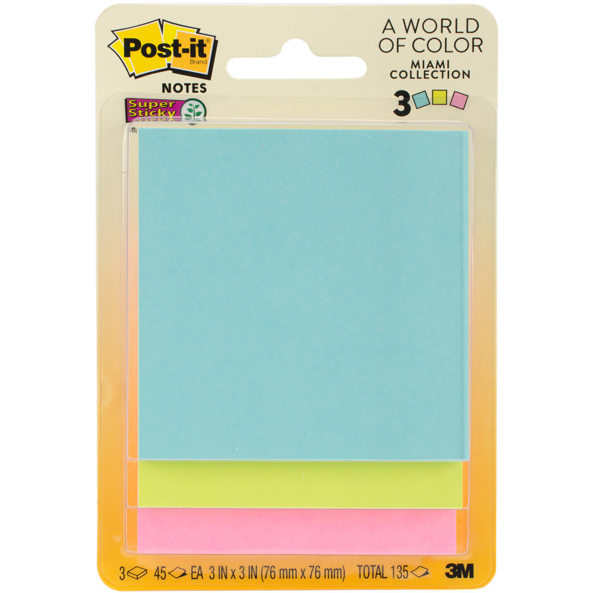 Post It Miami Collection Super Sticky Notes - 76mm x 76mm, 3 Pads