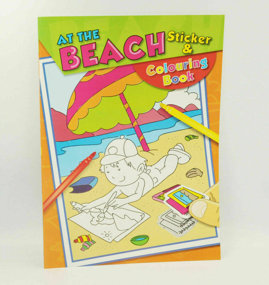 At The Beach Activity Book + Sticker Sheets Kids Colouring Drawing Puzzle Book