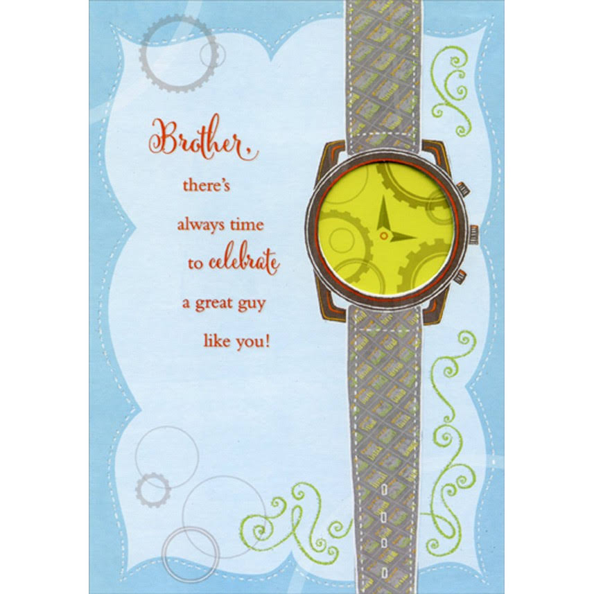 Wrist Watch with Die Cut Yellow Window Birthday Card for Brother