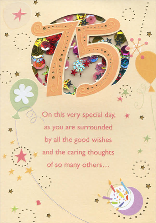 Designer Greetings Very Special Day Sequin Filled Die Cut Window Age 75 / 75th Birthday Card