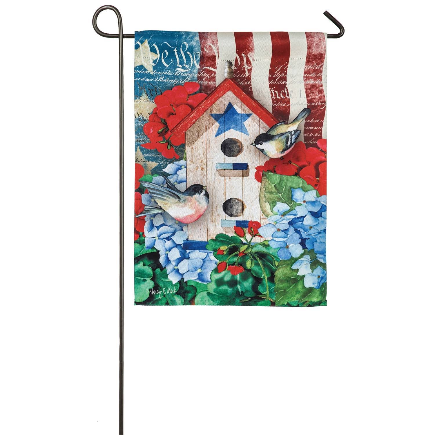 Evergreen Suede Garden Flag - Patriotic Birdhouse
