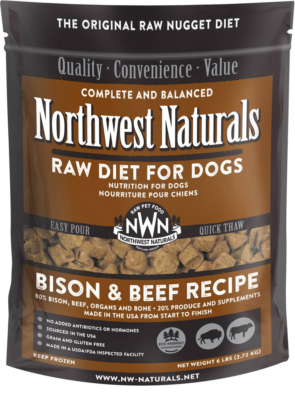 Northwest Naturals Beef & Bison Nuggets Grain Free Raw Frozen Dog Food 6lb