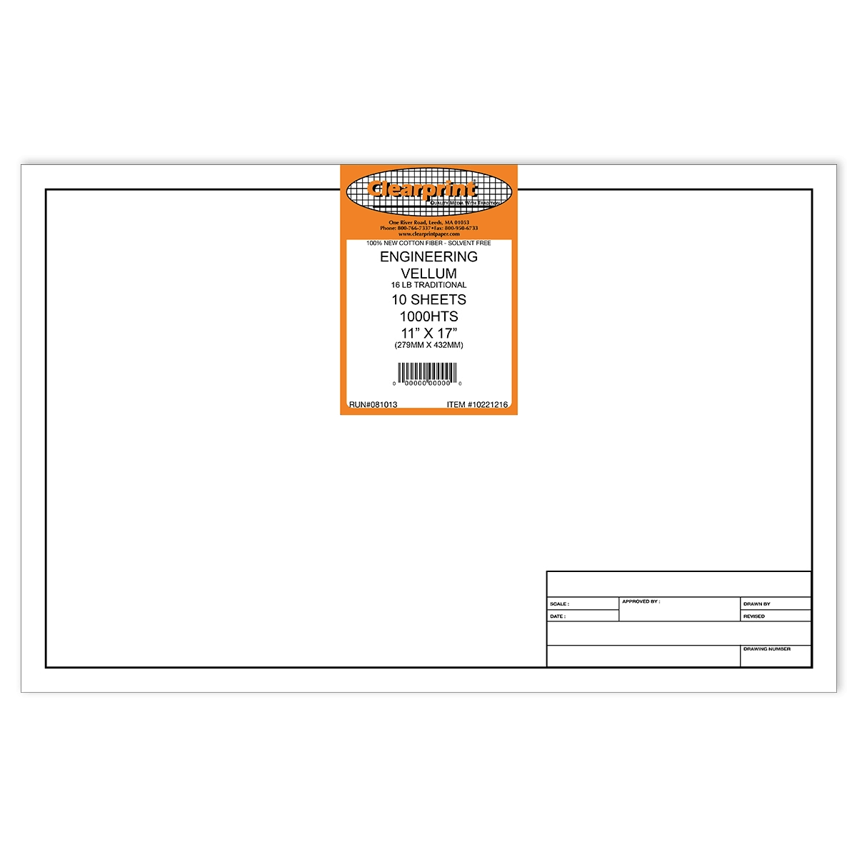 Clearprint 1000H Design Vellum Sheets With Engineer Title Block, 7.3kg., 100% Cotton, 28cm x 43cm , 10 Sheets Per Pack, Translucent White