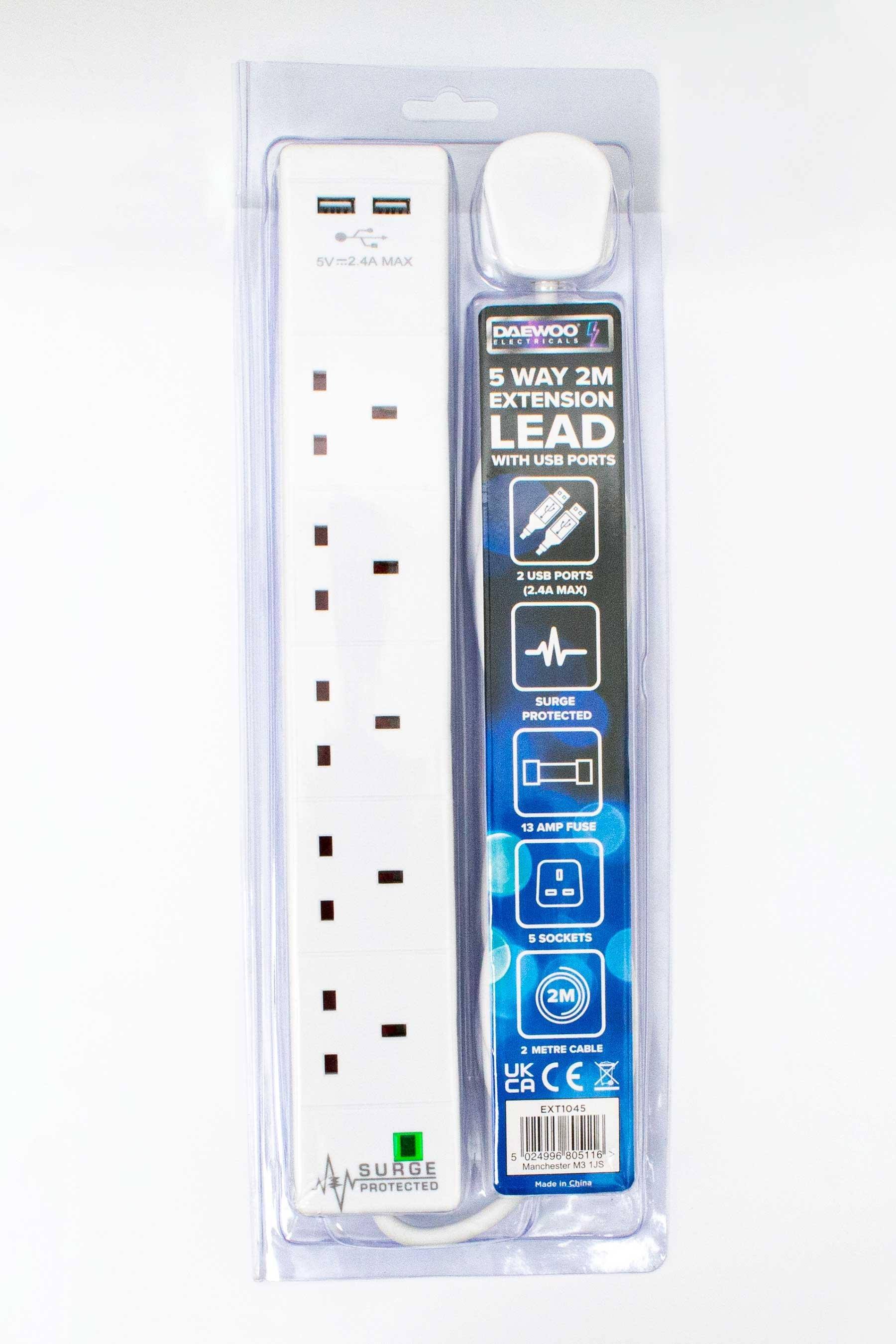 Pifco EXT1045 2m 5 Gang Surge Extension with 2 USB Charger - White