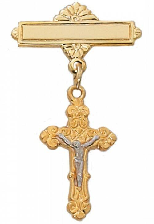 McVan Gold & Sterling Silver Baby Bar Pin with Crucifix