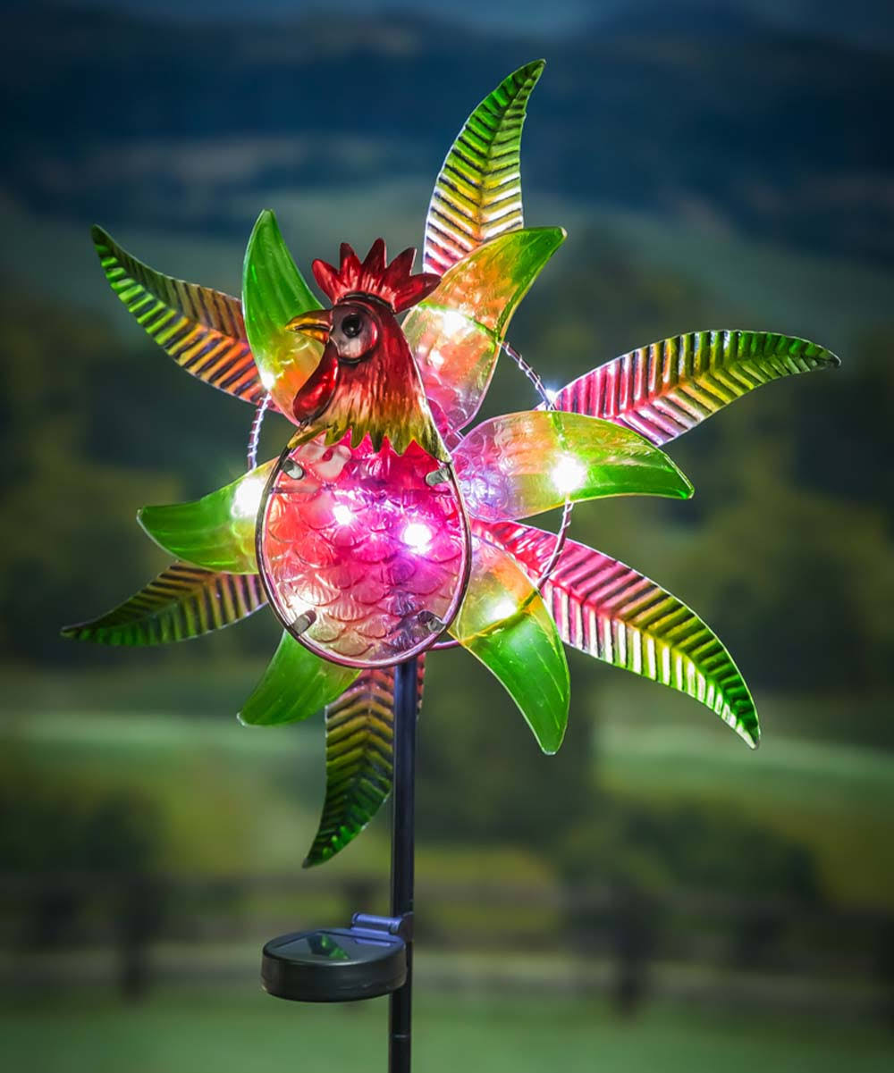 Evergreen Red & Green Rooster Light-Up Solar Pinwheel Garden Stake One-Size