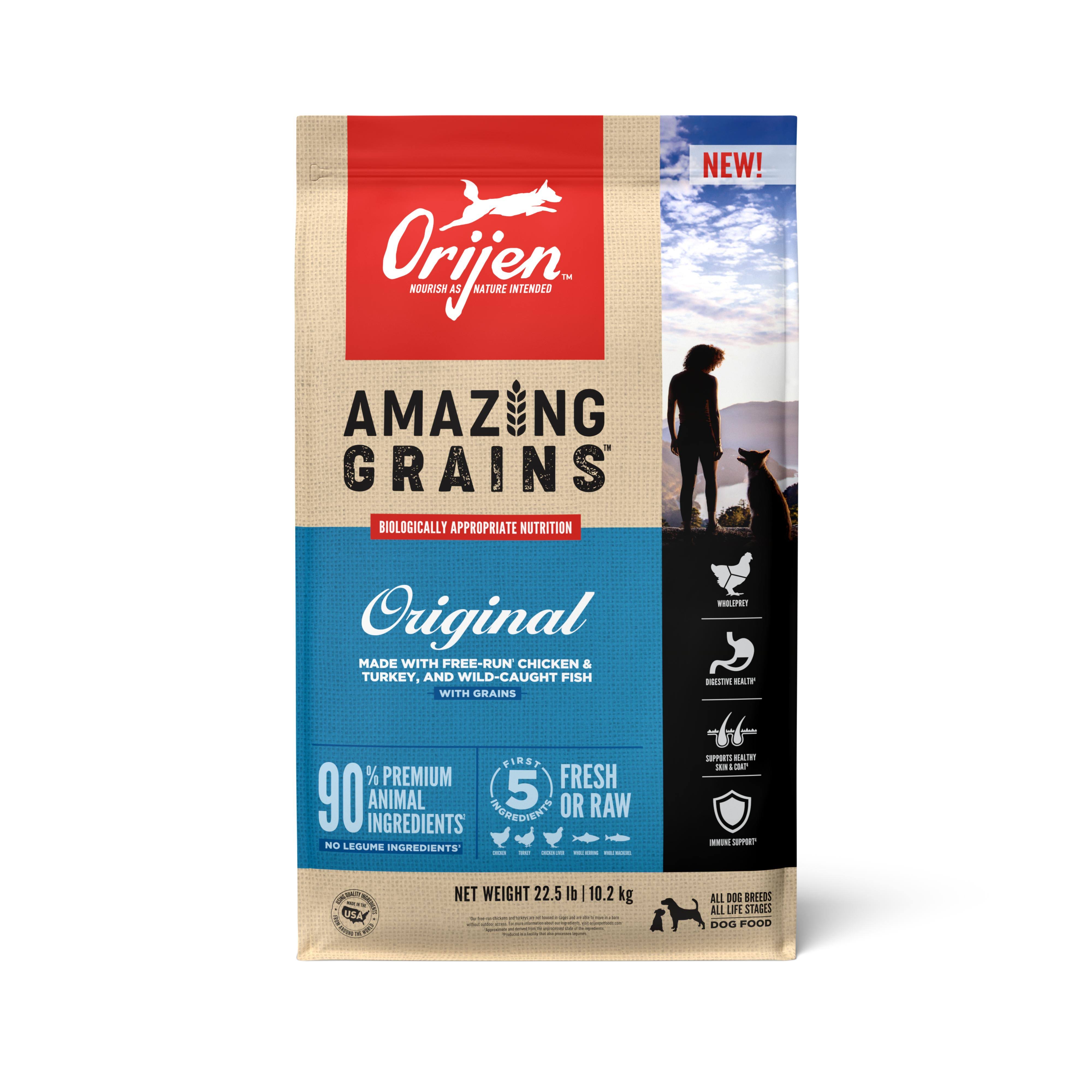- Orijen Amazing Grains Original High Protein Dry Dog Food, 22.5 lbs.