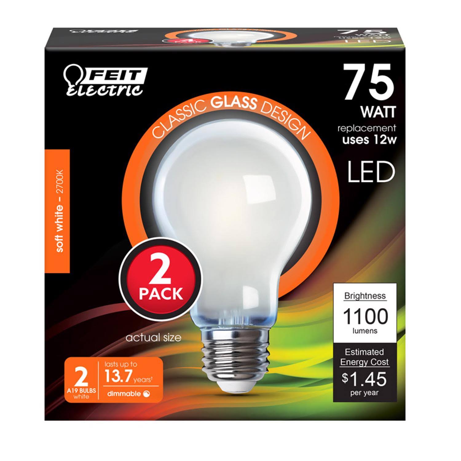 Feit Electric Light Bulbs, LED, Glass, Soft White, 12 watts, 2 Pack - 2 light bulbs