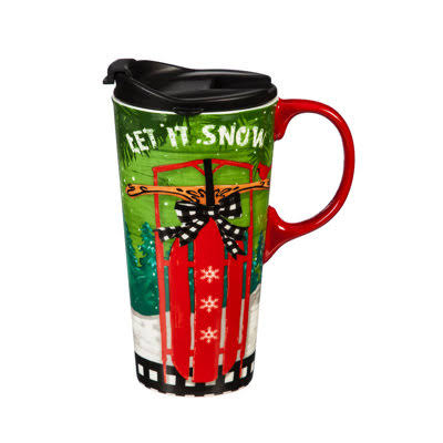 Evergreen Enterprises, Inc Ceramic Travel Cup, 17 OZ. ,W/Box, Let It Snow black/green/red