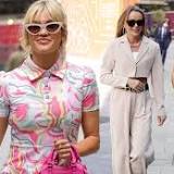 Ashley Roberts puts on a vibrant display in a pink collared dress while Amanda Holden looks chic in a beige suit as ...