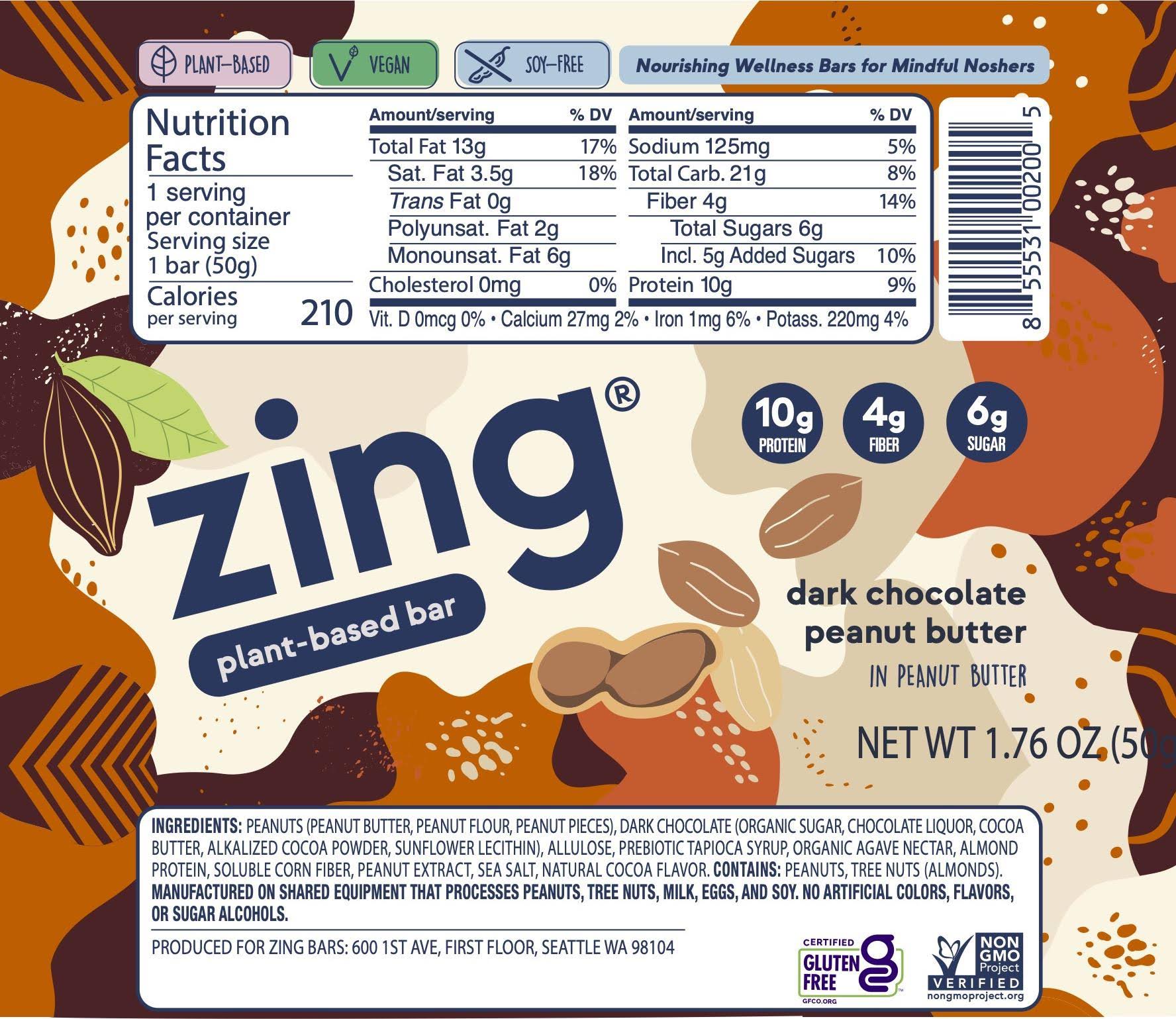 Zing Plant-Based Bar, Dark Chocolate Peanut Butter - 1.76 oz