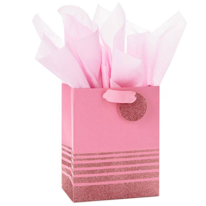 Hallmark Pink Glitter Stripes Medium Gift Bag with Tag and Tissue, 9.5"