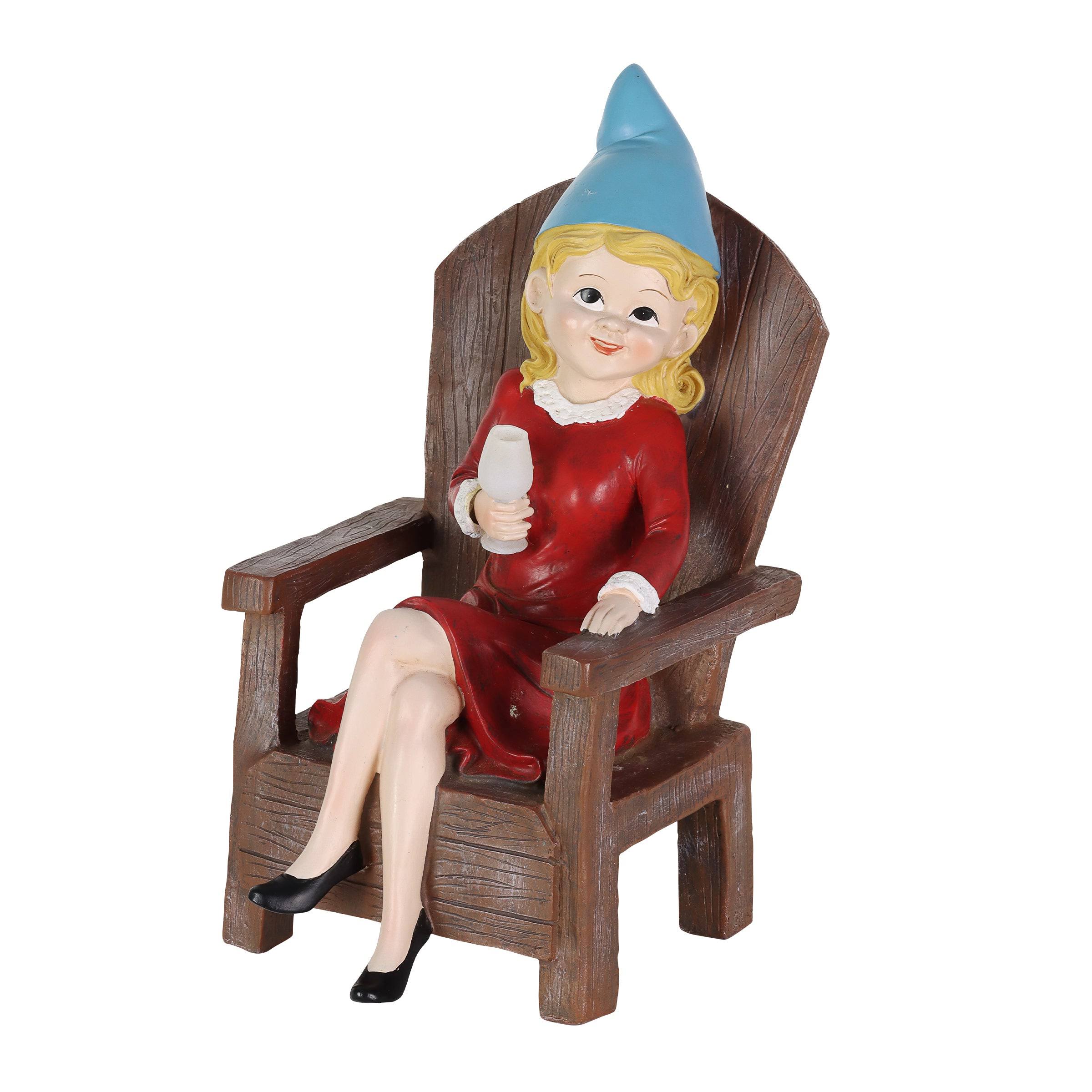 Exhart Solar Good Time Gal Drinking Wine Gnome Garden Statuary, 8 by 11 Inches