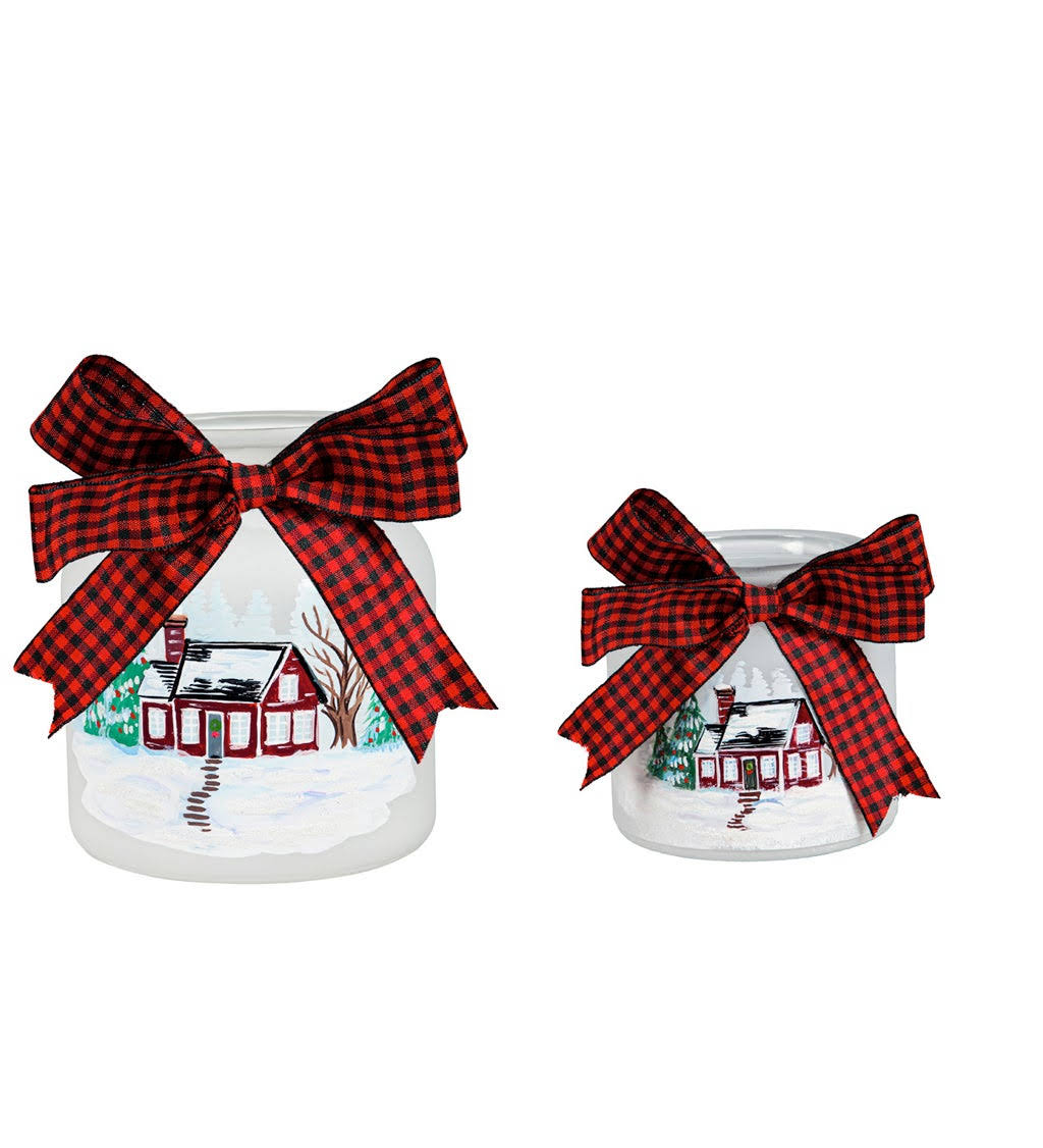 Evergreen Glass LED Jar with Holiday House Scene, Set of 2