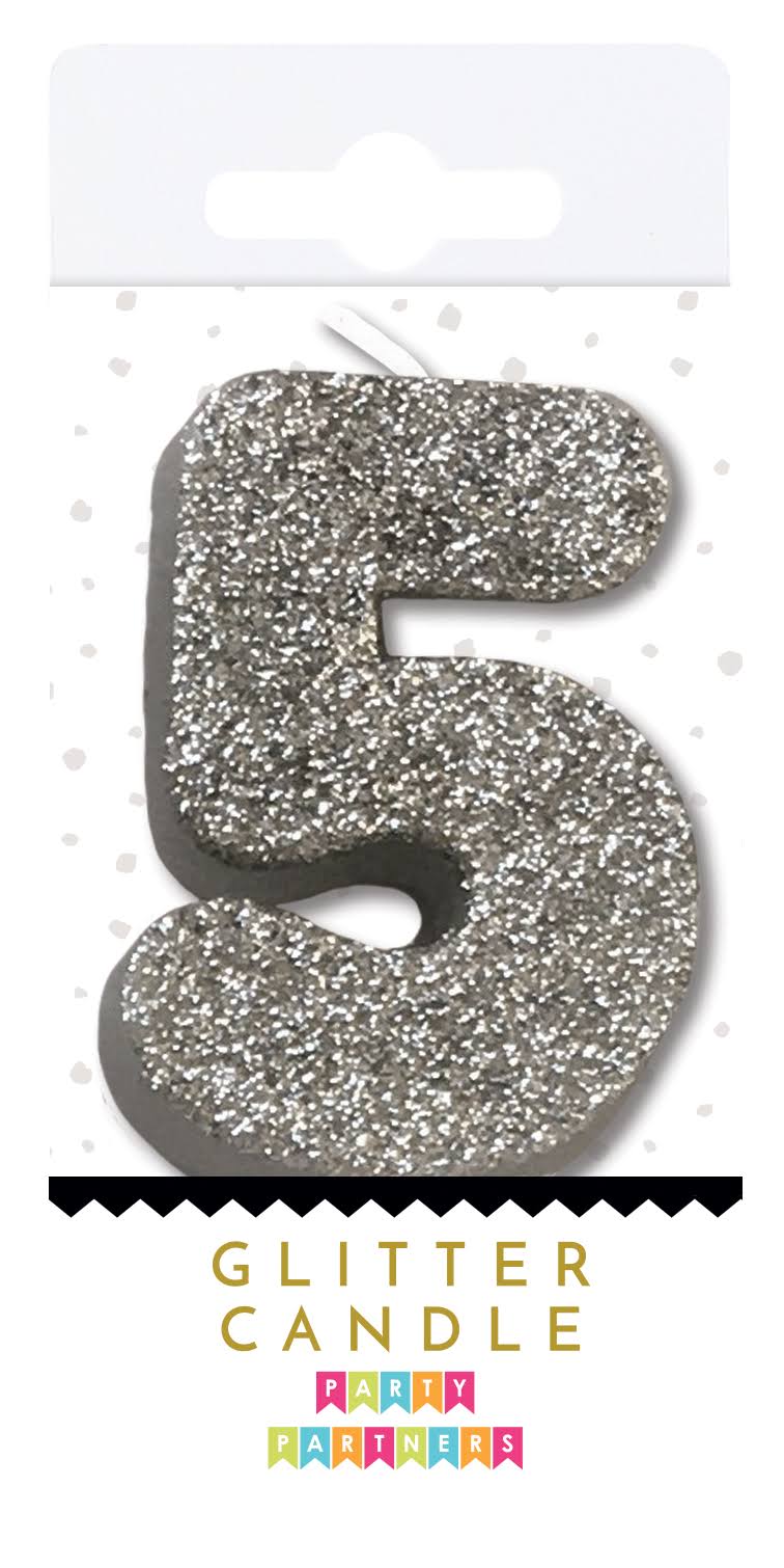 5 Five Silver Glitter Number Candle Party Partners