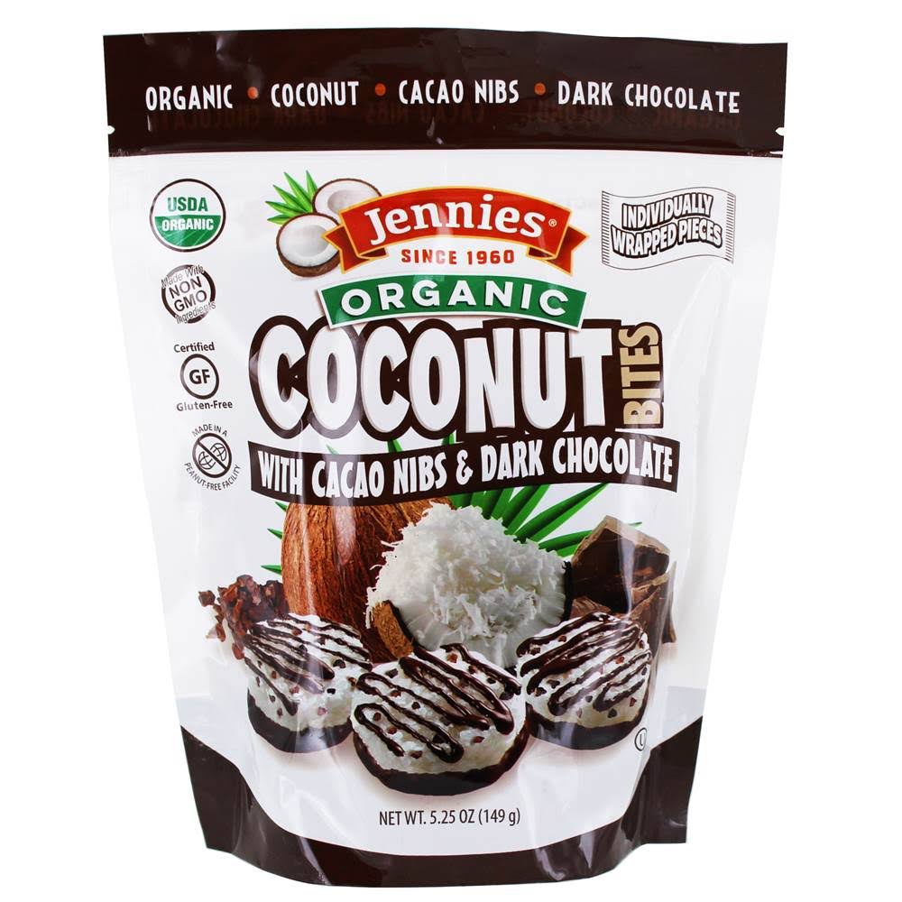 Jennies Organic Coconut Bites with Cacao Nibs & Dark Chocolate 5.25 oz.
