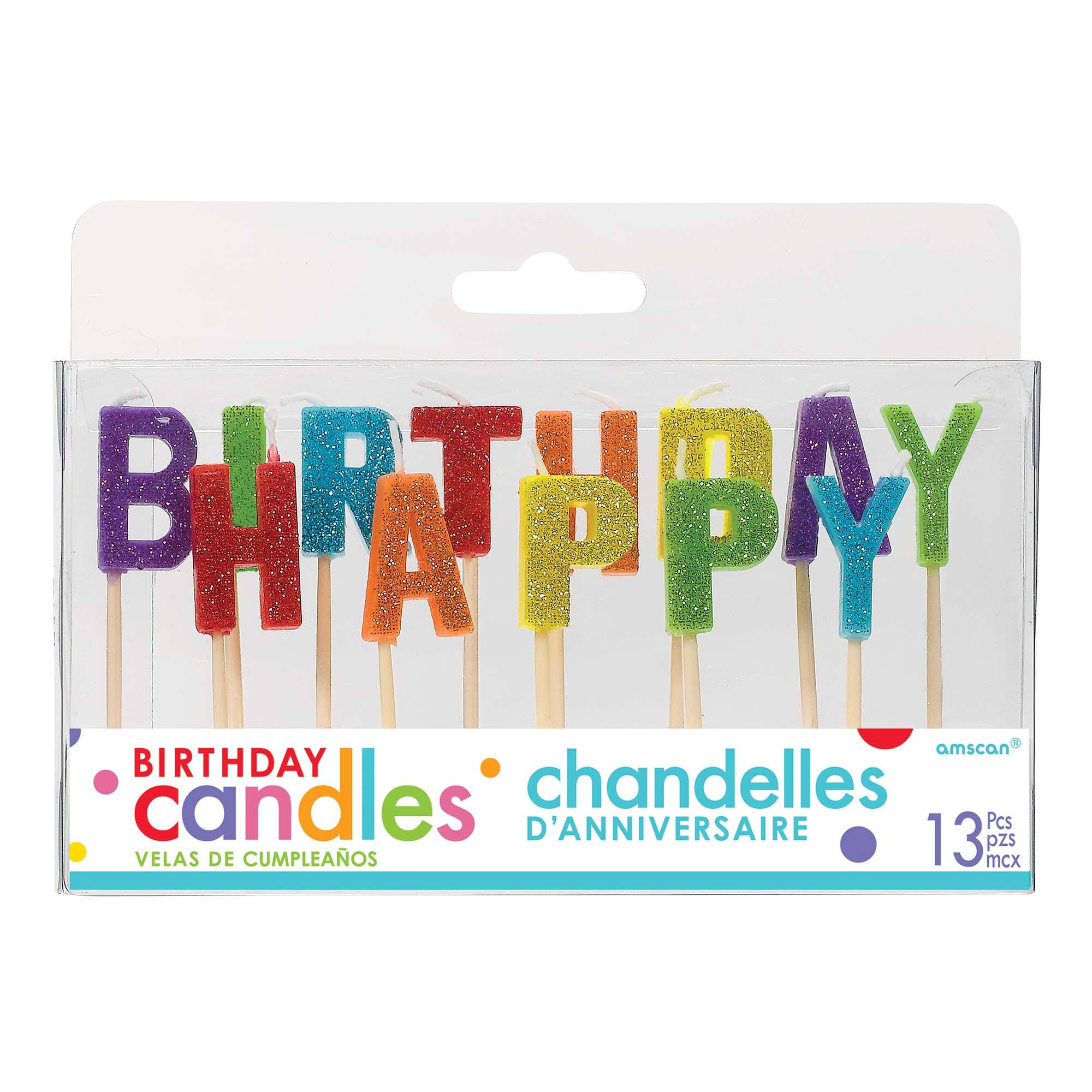 Happy Birthday Pick Candles - Glitter Primary