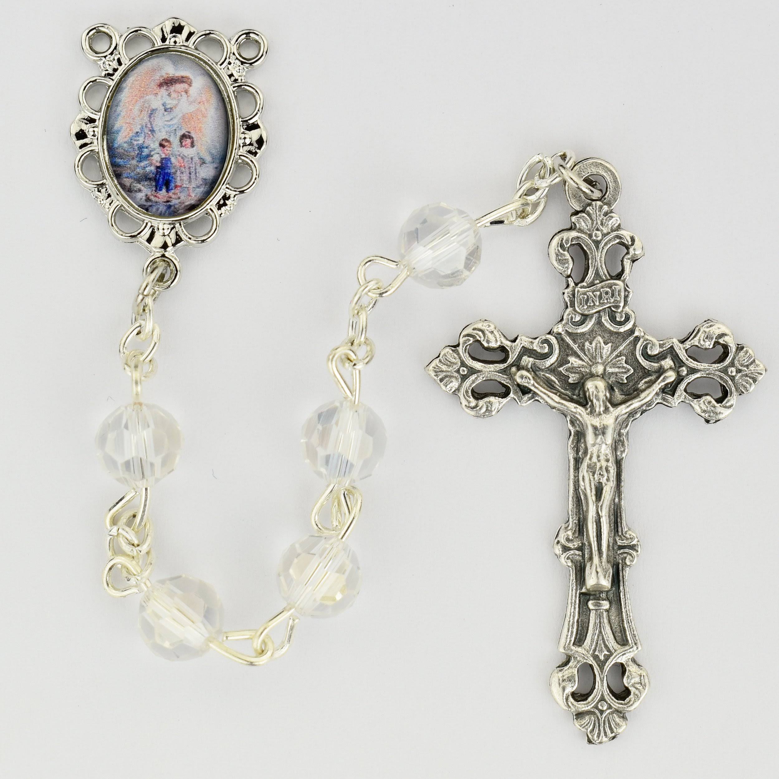 McVan R753G 6 mm Rhodium Plated Guardian Angel Cross Rosary Set