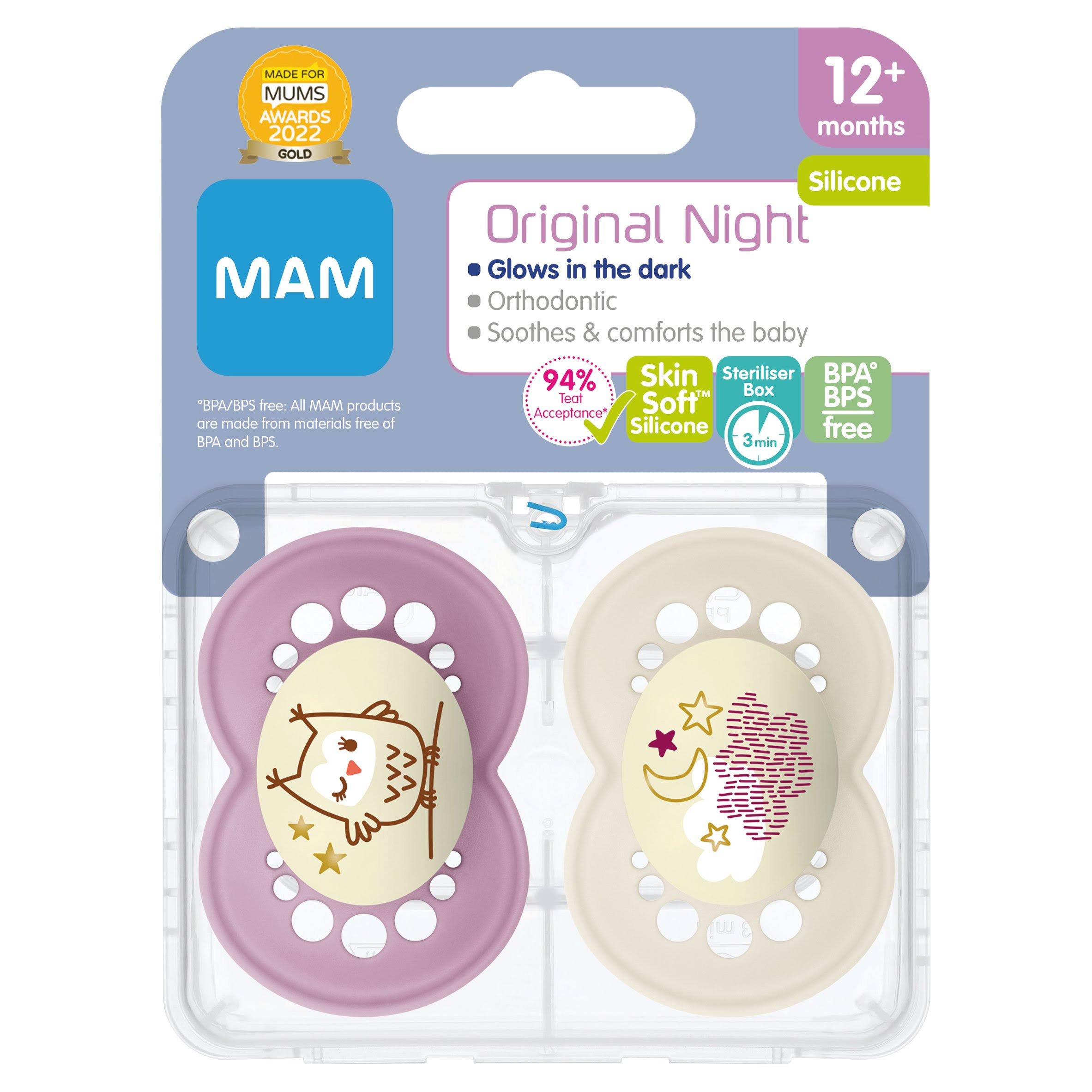 MAM Original Night Silicone Soothers - 12+ Months
