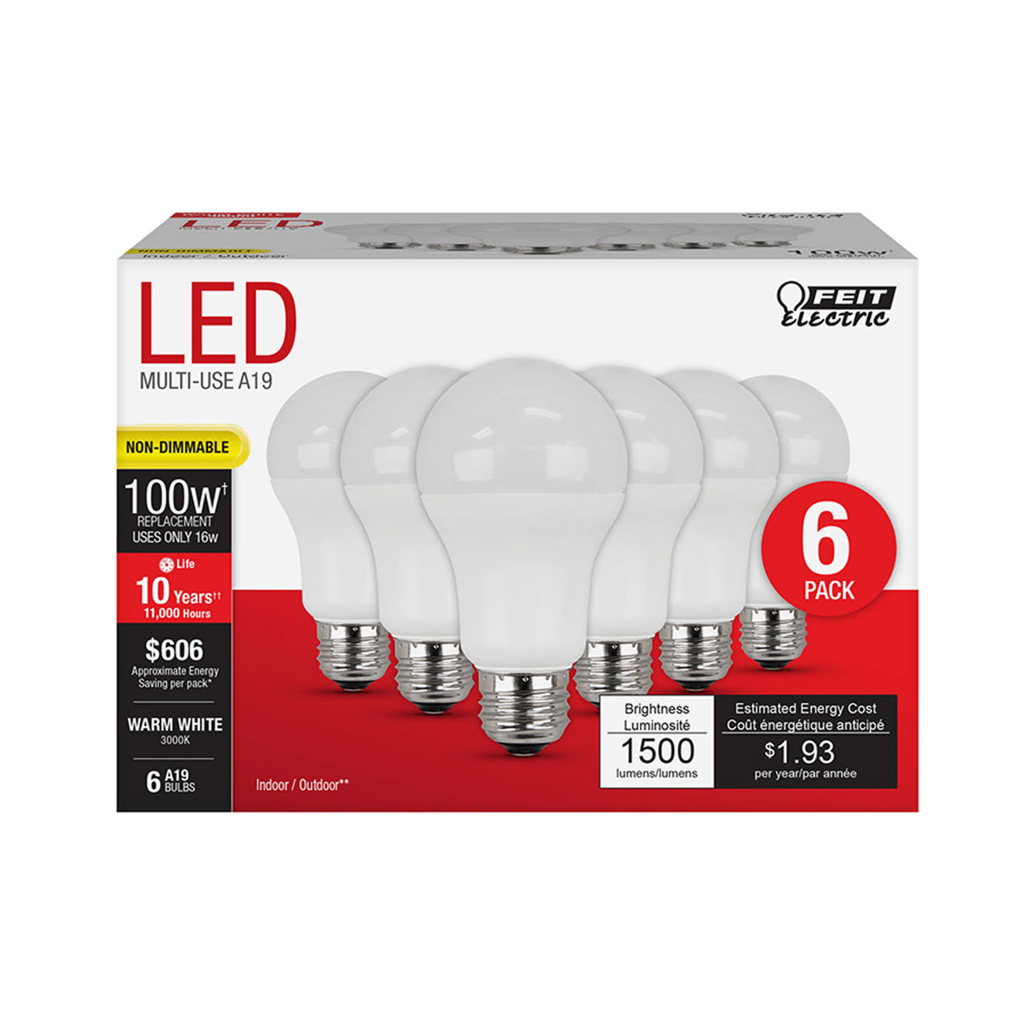 Feit Electric A19 E26 (Medium) LED Bulb Warm White 100 Watt Equivalence 6